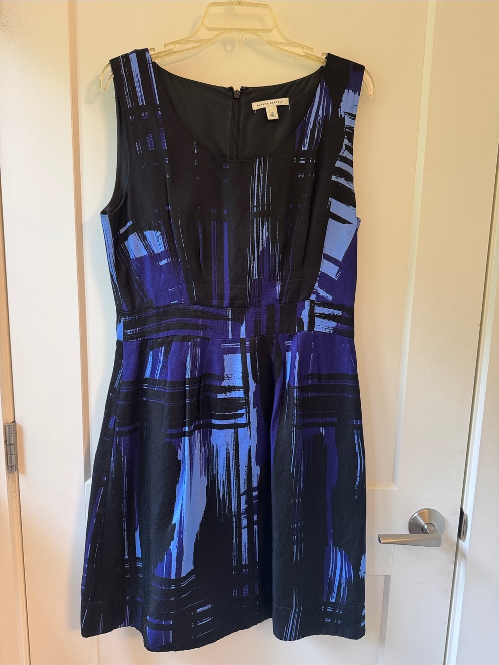 Banana Republic Black with Blue & Purple Abstract Fit-and-Flare Dress